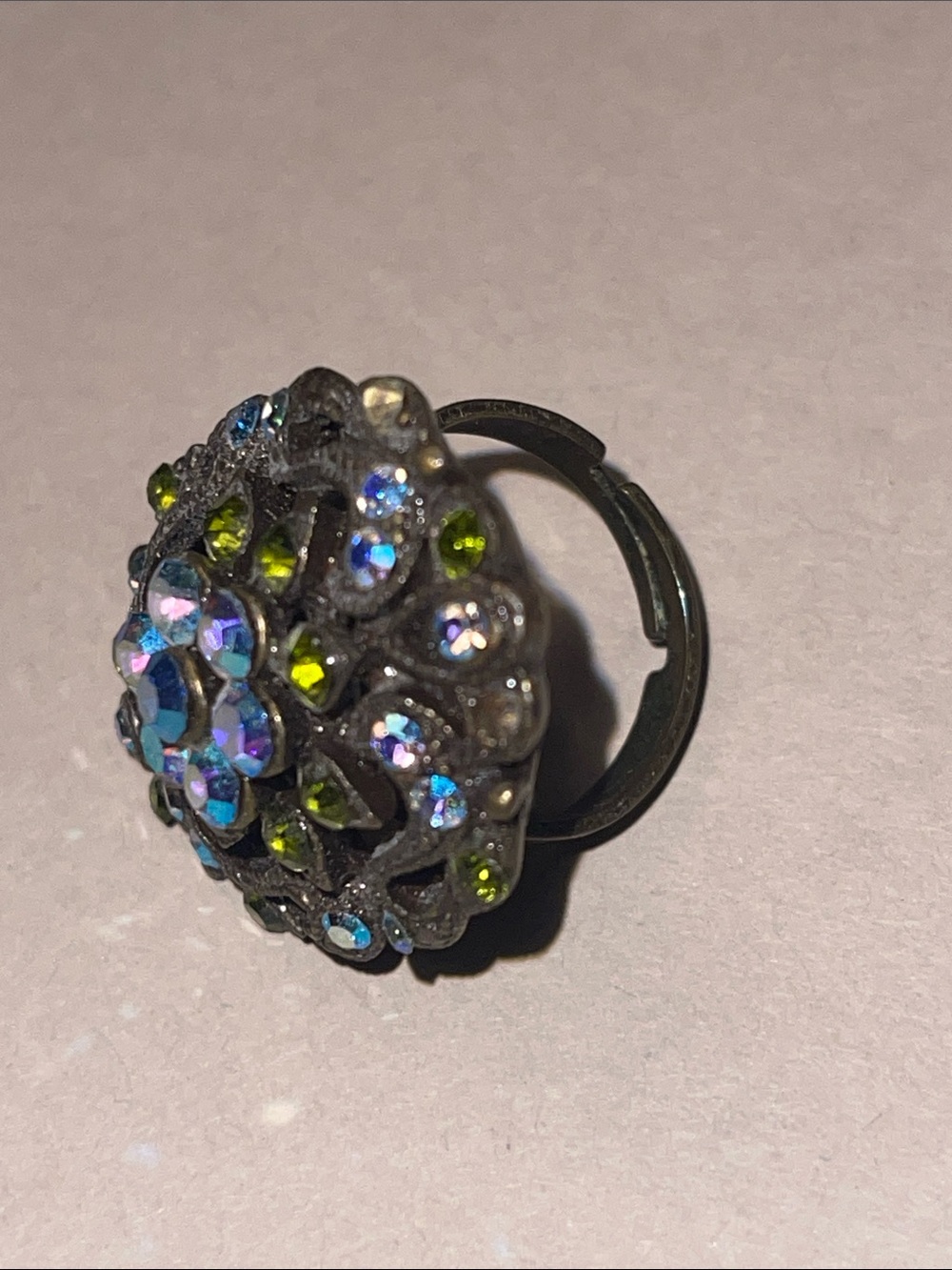 Adjustable Multicolor Crystal Statement Ring - Green and Iridescent